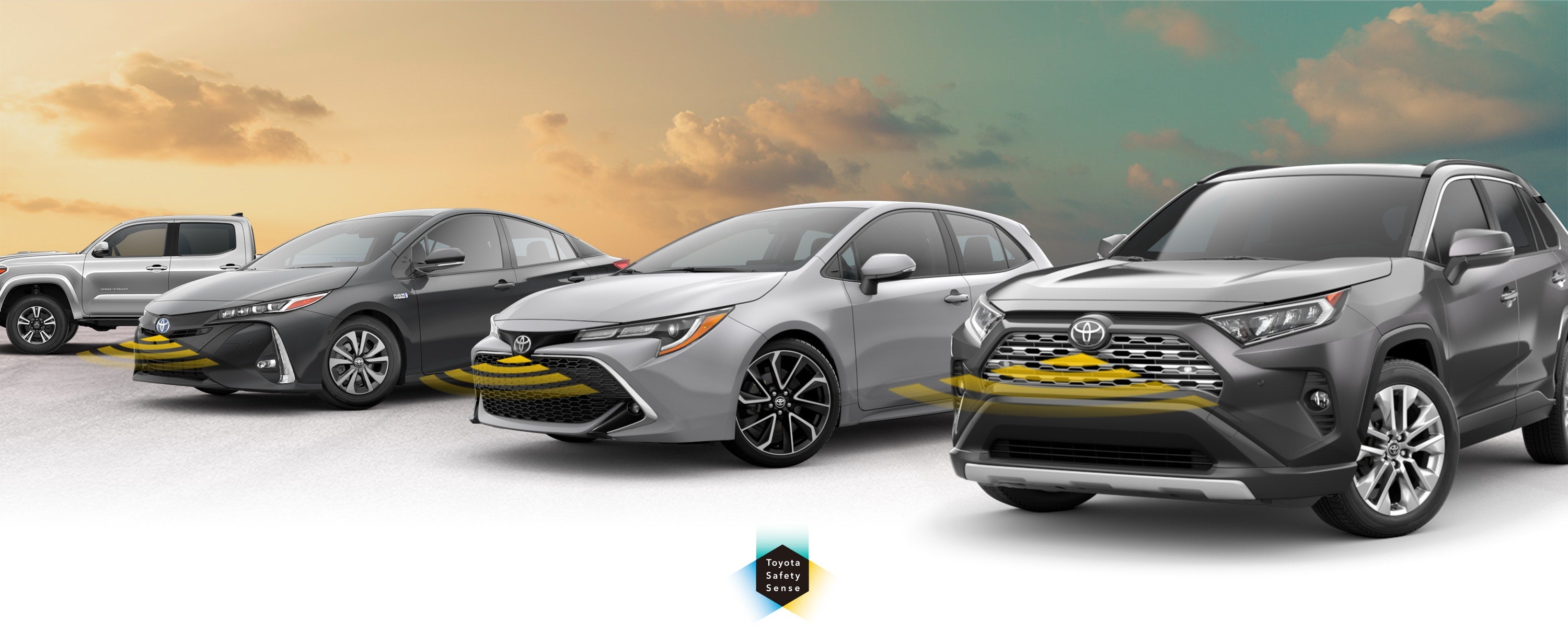 Toyota Safety Sense: Designed for Safety. Options shown on Toyota models including RAV4, Tacoma, and Camry, available now at Sarasota Toyota in Sarasota FL.